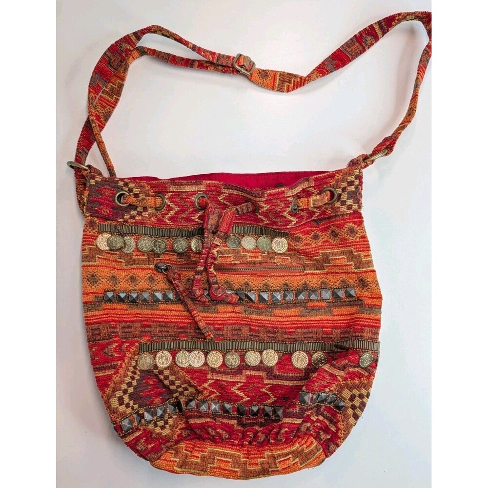 Ecote Urban Outfitters Boho Tribal Coin Stud Crossbody Hobo Bag Red Orange